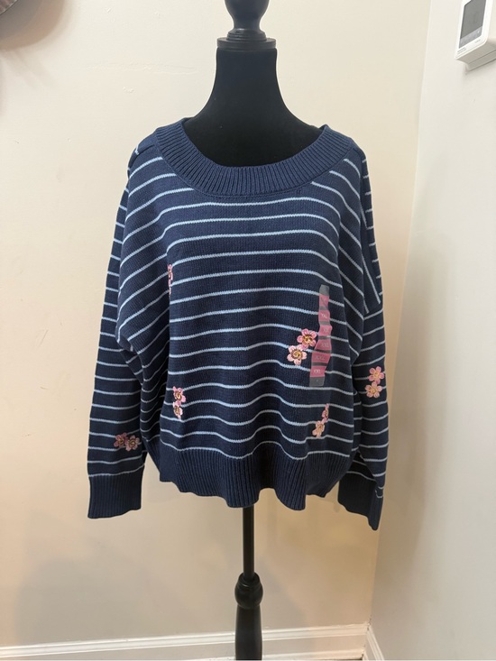 Joseph A Sweaters - NWT Joseph A. Striped Navy Blue Floral Embroidered Women's Sweater XXL